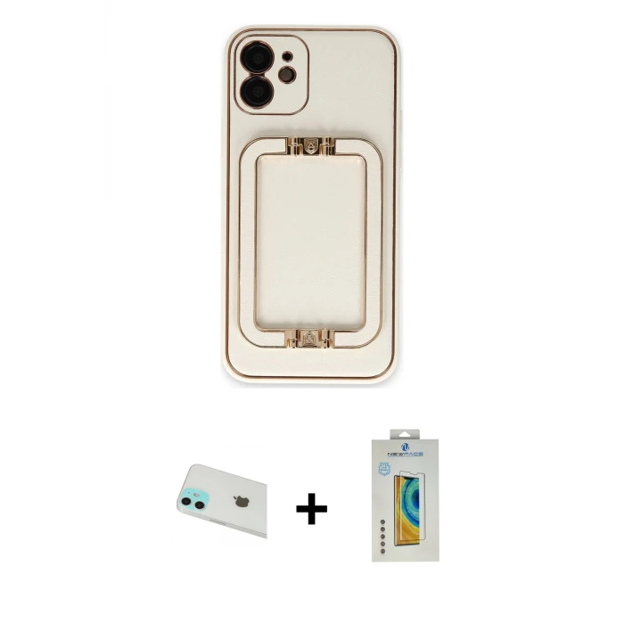 ieg™ iPhone 12 Kılıf Kozmos Minimal Prime - Siyah Polymer Nano Ekran Koruyucu + Rainbow Kamera Lens Koruma Cam - YL