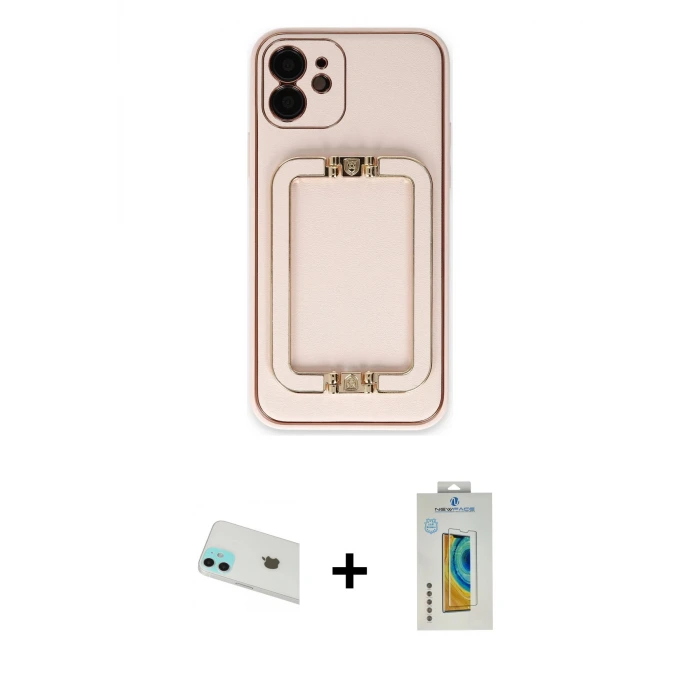 ieg™ iPhone 12 Kılıf Kozmos Minimal Prime - Siyah Polymer Nano Ekran Koruyucu + Rainbow Kamera Lens Koruma Cam - YL