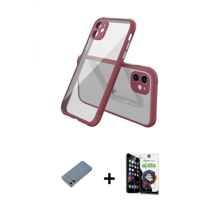 ieg™ iPhone 12 Mini Kılıf Nova Asil Özel Seri - Şeffaf Temperli Cam Ekran Koruyucu + Shine Kamera Lens Koruma Cam - GS