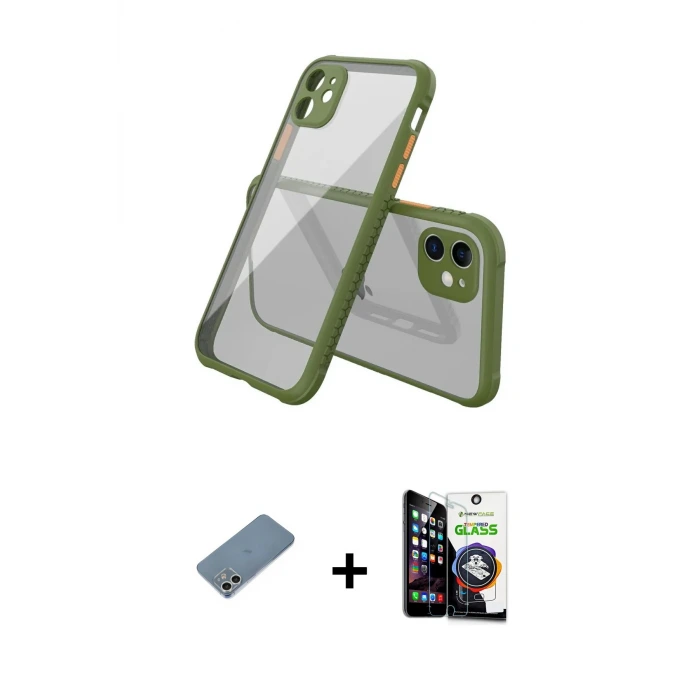 ieg™ iPhone 12 Mini Kılıf Nova Asil Özel Seri - Şeffaf Temperli Cam Ekran Koruyucu + Shine Kamera Lens Koruma Cam - GS