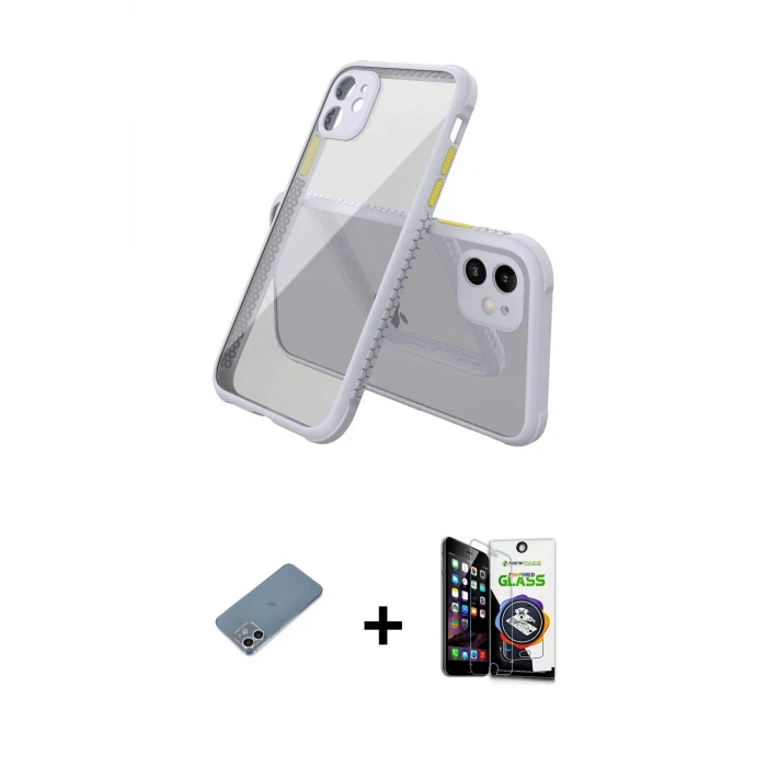 ieg™ iPhone 12 Mini Kılıf Nova Asil Özel Seri - Şeffaf Temperli Cam Ekran Koruyucu + Shine Kamera Lens Koruma Cam - GS