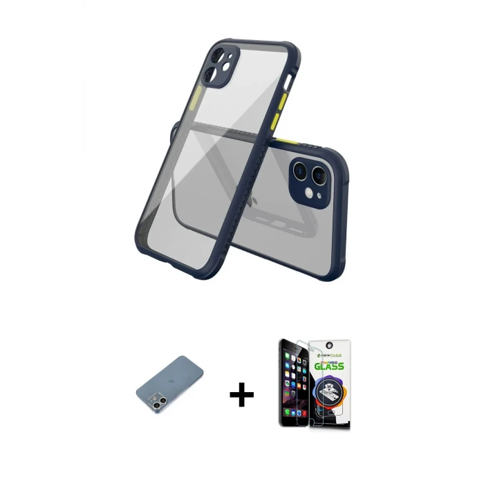 ieg™ iPhone 12 Mini Kılıf Nova Asil Özel Seri - Şeffaf Temperli Cam Ekran Koruyucu + Shine Kamera Lens Koruma Cam - GS