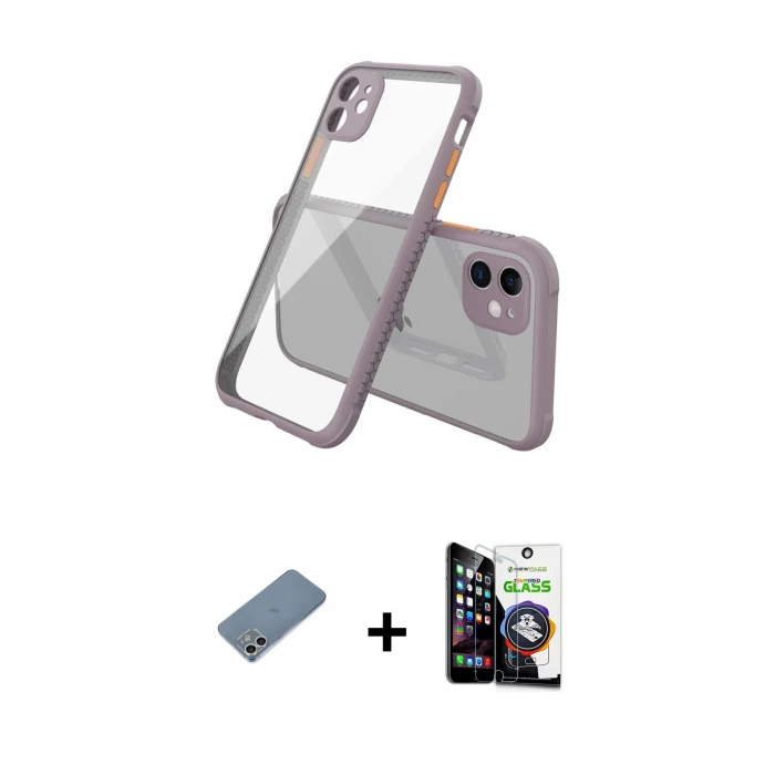 ieg™ iPhone 12 Mini Kılıf Nova Asil Özel Seri - Şeffaf Temperli Cam Ekran Koruyucu + Shine Kamera Lens Koruma Cam - GS