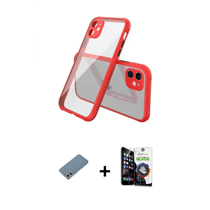 ieg™ iPhone 12 Mini Kılıf Nova Asil Özel Seri - Şeffaf Temperli Cam Ekran Koruyucu + Shine Kamera Lens Koruma Cam - GS