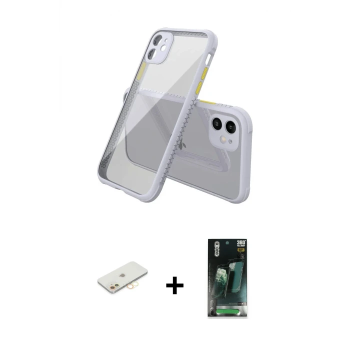 ieg™ iPhone 12 Mini Kılıf Nova Asil Özel Seri - Siyah 360 Mat Full Body Arka Koruyucu + Renkli Kamera Lens Koruma Cam - SI