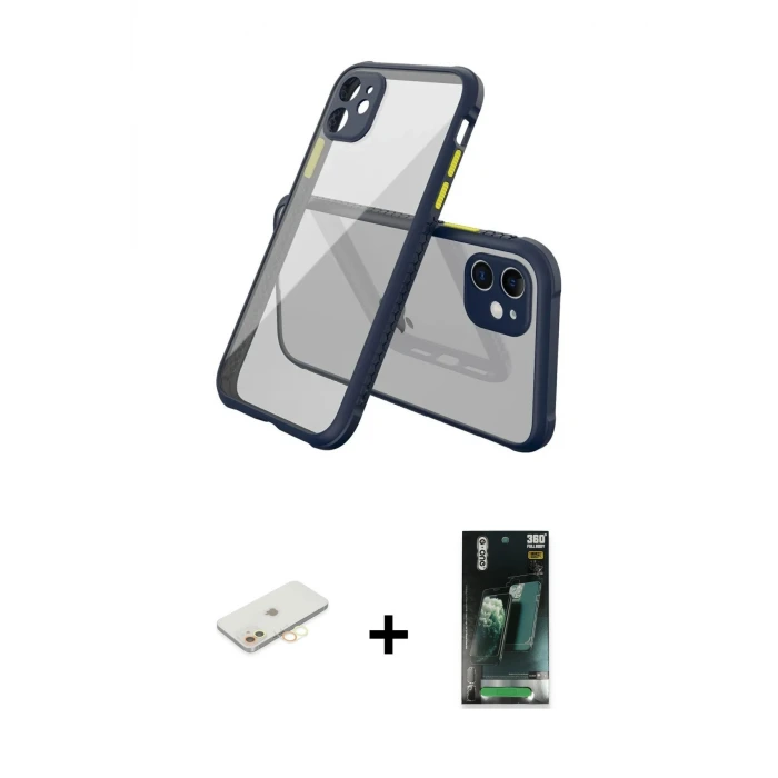 ieg™ iPhone 12 Mini Kılıf Nova Asil Özel Seri - Siyah 360 Mat Full Body Arka Koruyucu + Renkli Kamera Lens Koruma Cam - SI
