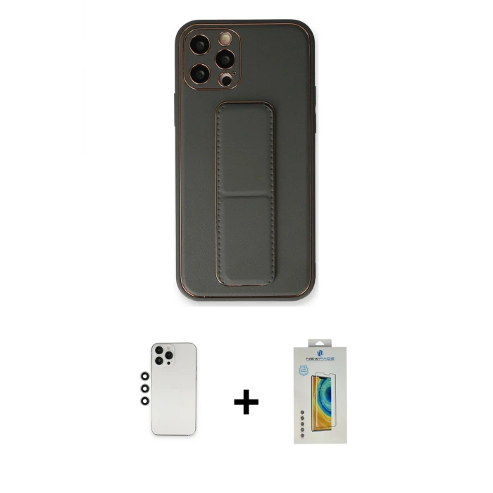 ieg™ iPhone 12 Pro Kılıf Akış Doku - Siyah Polymer Nano Ekran Koruyucu + Shine Kamera Lens - GS