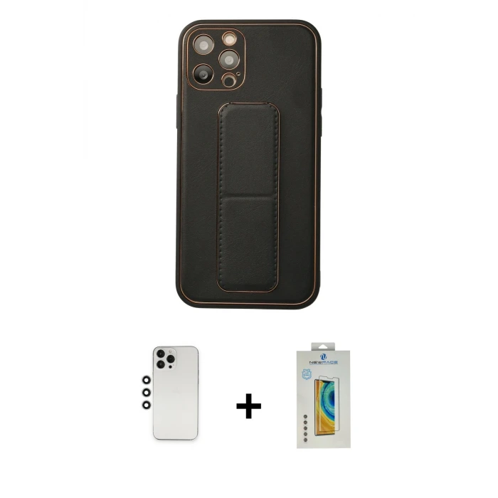 ieg™ iPhone 12 Pro Kılıf Akış Doku - Siyah Polymer Nano Ekran Koruyucu + Shine Kamera Lens - GS