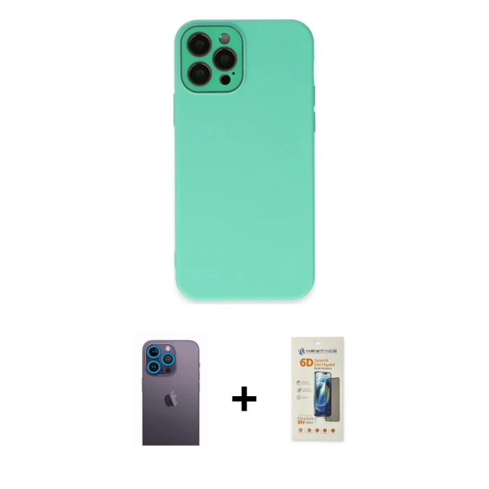 ieg™ iPhone 12 Pro Kılıf Çekirdek Modern Serisi - Siyah 6D Mat Seramik Hayalet Nano Ekran Koruyucu + Neon Fosforlu Kamera Lens - MI