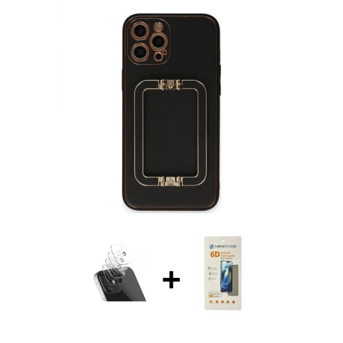 ieg™ iPhone 12 Pro Kılıf Kozmos Minimal Prime - Siyah 6D Mat Seramik Hayalet Nano Ekran Koruyucu + Kamera Lens Koruma Cam - SF