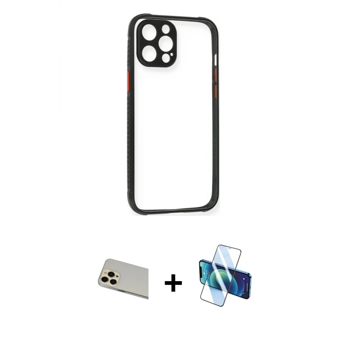 ieg™ iPhone 12 Pro Kılıf Nova Asil Özel Seri - Siyah 3D Antistatik Seramik Nano Ekran Koruyucu + Rainbow Kamera Lens Koruma Cam - GD