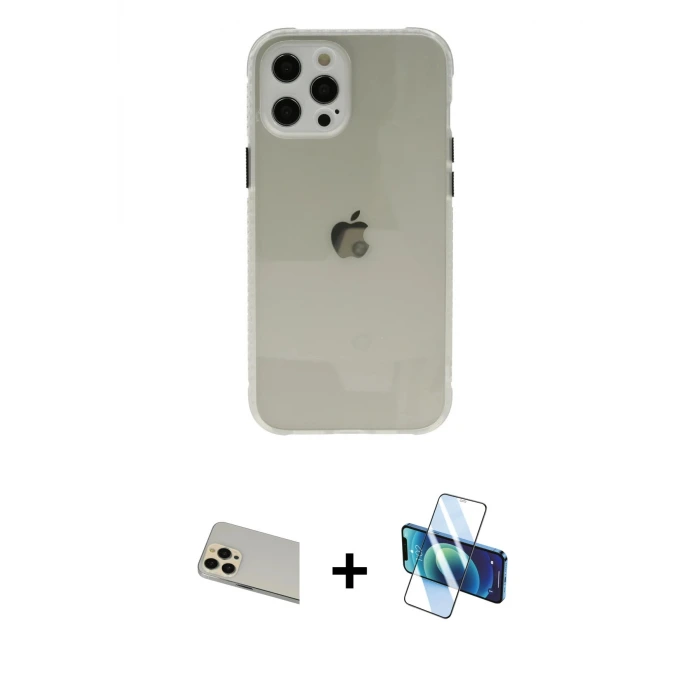 ieg™ iPhone 12 Pro Kılıf Nova Asil Özel Seri - Siyah 3D Antistatik Seramik Nano Ekran Koruyucu + Rainbow Kamera Lens Koruma Cam - GD