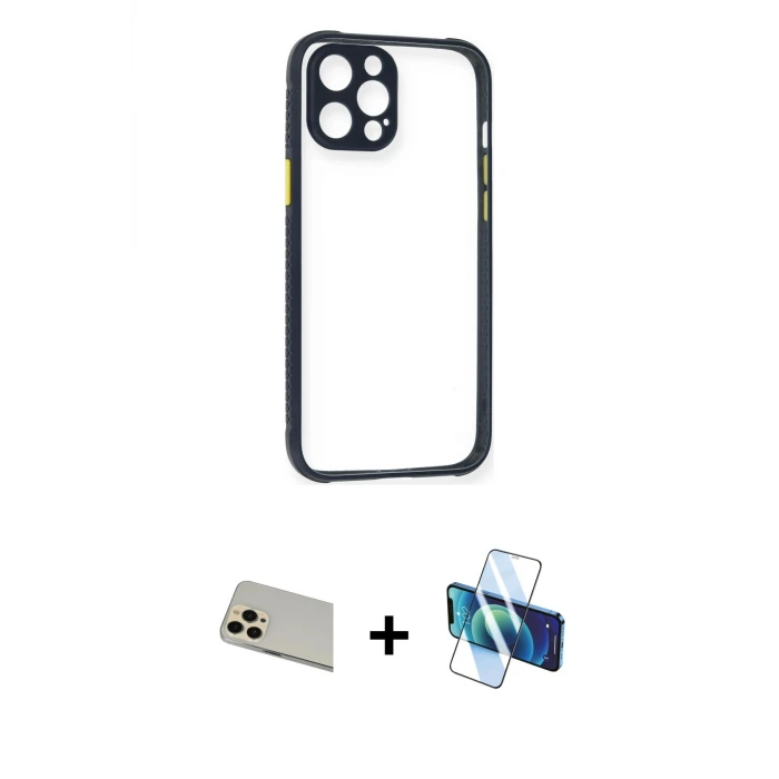 ieg™ iPhone 12 Pro Kılıf Nova Asil Özel Seri - Siyah 3D Antistatik Seramik Nano Ekran Koruyucu + Rainbow Kamera Lens Koruma Cam - GD