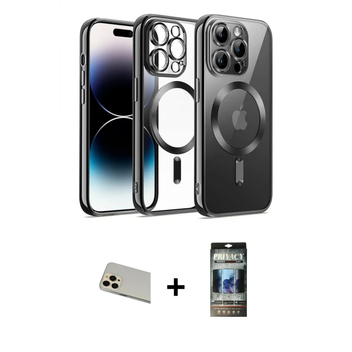 ieg™ iPhone 12 Pro Kılıf Nova Işık Özel Seri - Siyah 34D Hayalet Izgaralı Cam + Rainbow Kamera Lens Koruma Cam - GD