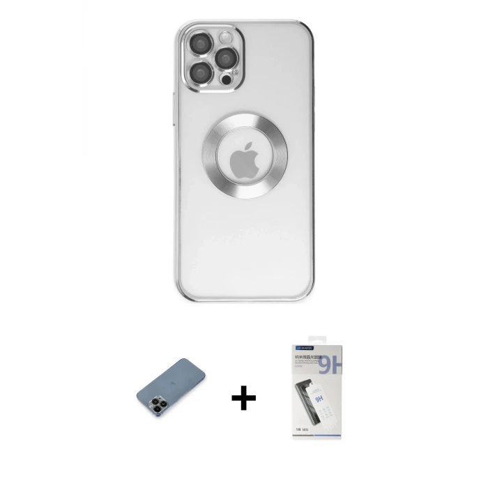 ieg™ iPhone 12 Pro Kılıf Pusula Form - Şeffaf Uv Polymer Nano Ekran Koruyucu + Shine Kamera Lens Koruma Cam - SH