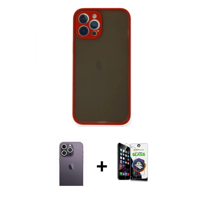ieg™ iPhone 12 Pro Max Kılıf Ahenk Çizgi Serisi - Şeffaf Temperli Cam Ekran Koruyucu + Neon Fosforlu Kamera Lens - BZ