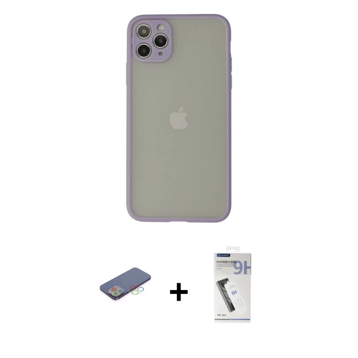 ieg™ iPhone 12 Pro Max Kılıf Ahenk Çizgi Serisi - Şeffaf Uv Polymer Nano Ekran Koruyucu + Renkli Kamera Lens Koruma Cam - MI