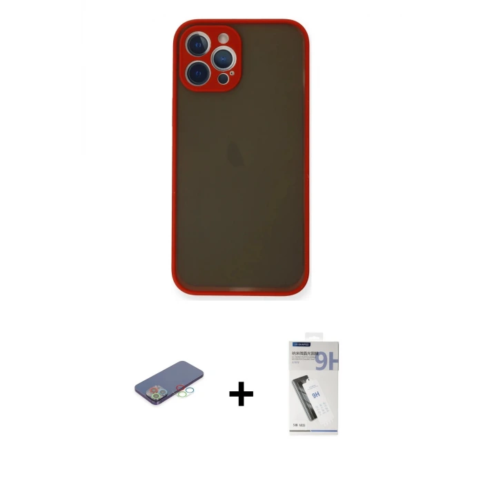 ieg™ iPhone 12 Pro Max Kılıf Ahenk Çizgi Serisi - Şeffaf Uv Polymer Nano Ekran Koruyucu + Renkli Kamera Lens Koruma Cam - MI