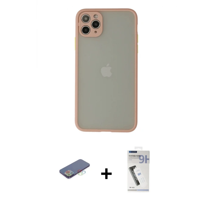 ieg™ iPhone 12 Pro Max Kılıf Ahenk Çizgi Serisi - Şeffaf Uv Polymer Nano Ekran Koruyucu + Renkli Kamera Lens Koruma Cam - MI