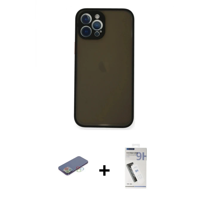 ieg™ iPhone 12 Pro Max Kılıf Ahenk Çizgi Serisi - Şeffaf Uv Polymer Nano Ekran Koruyucu + Renkli Kamera Lens Koruma Cam - MI
