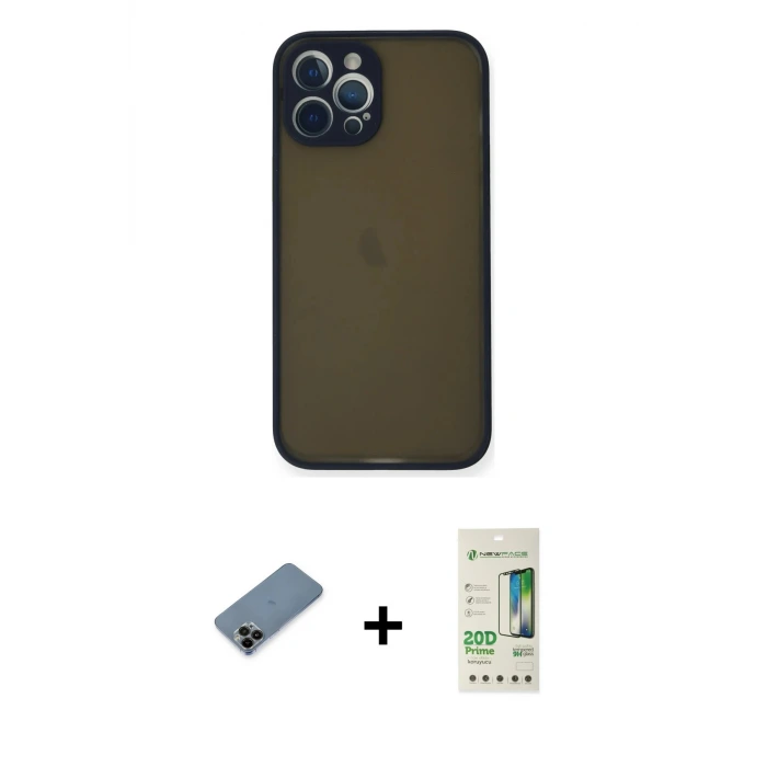 ieg™ iPhone 12 Pro Max Kılıf Ahenk Çizgi Serisi - Siyah 20D Premium Cam Ekran Koruyucu + Shine Kamera Lens Koruma Cam - SH