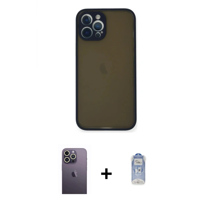 ieg™ iPhone 12 Pro Max Kılıf Ahenk Çizgi Serisi - Siyah Joko Magic 5D Cam + Neon Fosforlu Kamera Lens - BZ