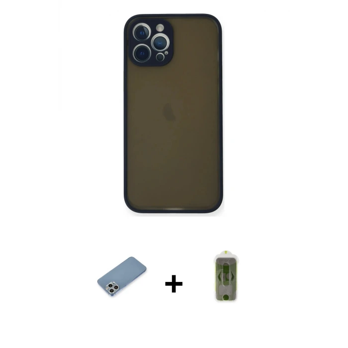 ieg™ iPhone 12 Pro Max Kılıf Ahenk Çizgi Serisi - Siyah Joko Magic 5D Hayalet Cam + Shine Kamera Lens Koruma Cam - GS