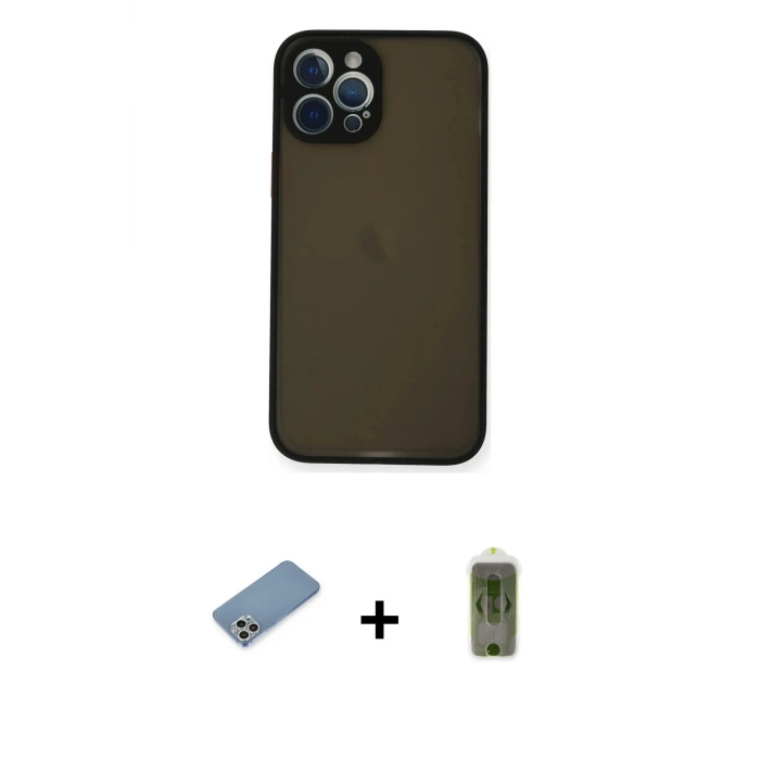 ieg™ iPhone 12 Pro Max Kılıf Ahenk Çizgi Serisi - Siyah Joko Magic 5D Hayalet Cam + Shine Kamera Lens Koruma Cam - GS
