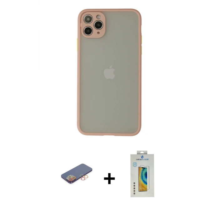 ieg™ iPhone 12 Pro Max Kılıf Ahenk Çizgi Serisi - Siyah Polymer Nano Ekran Koruyucu + Renkli Kamera Lens Koruma Cam - TU