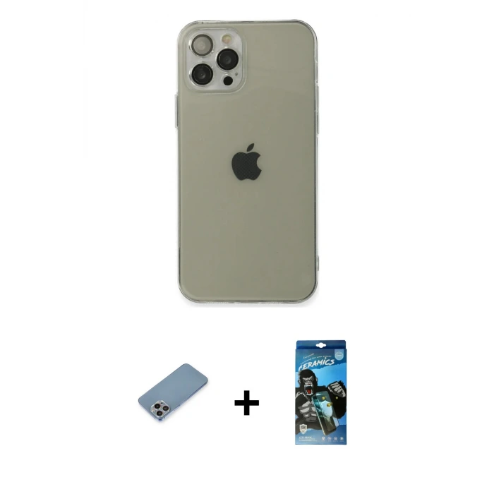 ieg™ iPhone 12 Pro Max Kılıf Ahenk Doku - Siyah 34D Izgaralı Cam + Shine Kamera Lens Koruma Cam - GI