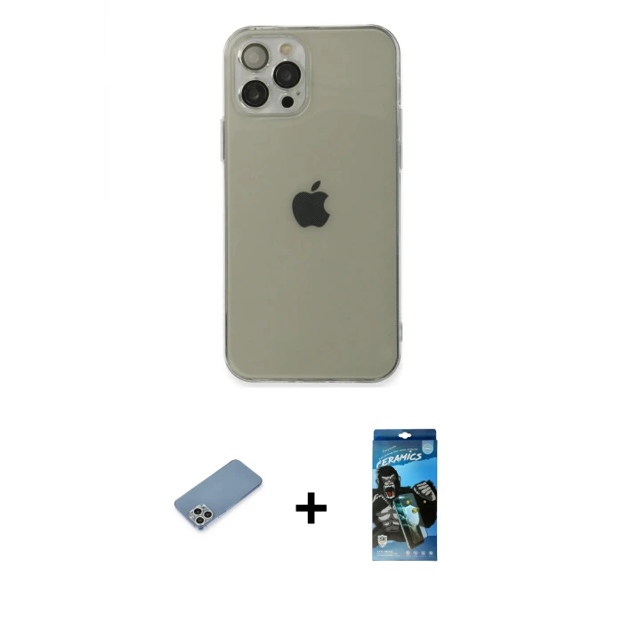 ieg™ iPhone 12 Pro Max Kılıf Ahenk Doku - Siyah 34D Izgaralı Cam + Shine Kamera Lens Koruma Cam - GS