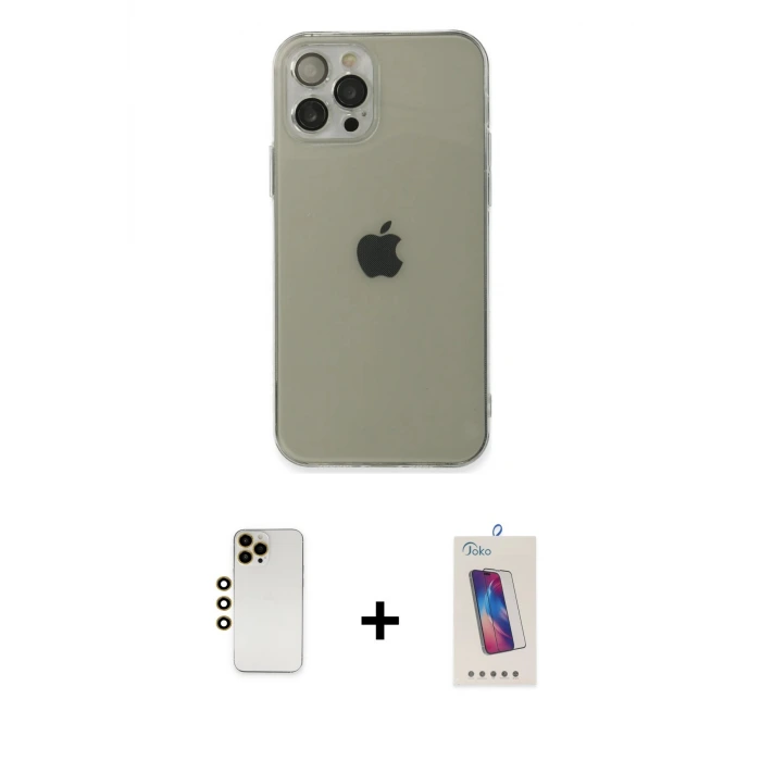 ieg™ iPhone 12 Pro Max Kılıf Ahenk Doku - Siyah Joko 5D Cam + Shine Kamera Lens - GD
