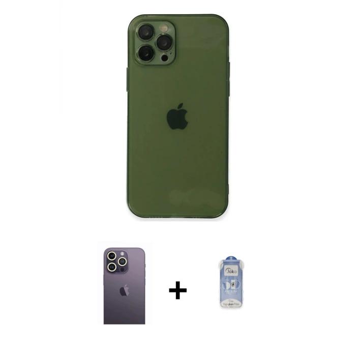 ieg™ iPhone 12 Pro Max Kılıf Ahenk Doku - Siyah Joko Magic 5D Cam + Neon Fosforlu Kamera Lens - BZ