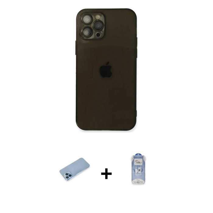 ieg™ iPhone 12 Pro Max Kılıf Ahenk Doku - Siyah Joko Magic 5D Cam + Shine Kamera Lens Koruma Cam - MI