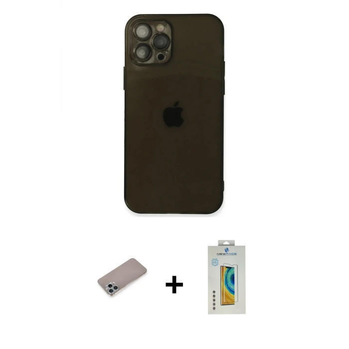 ieg™ iPhone 12 Pro Max Kılıf Ahenk Doku - Siyah Polymer Nano Ekran Koruyucu + Shine Kamera Lens Koruma Cam - SABE