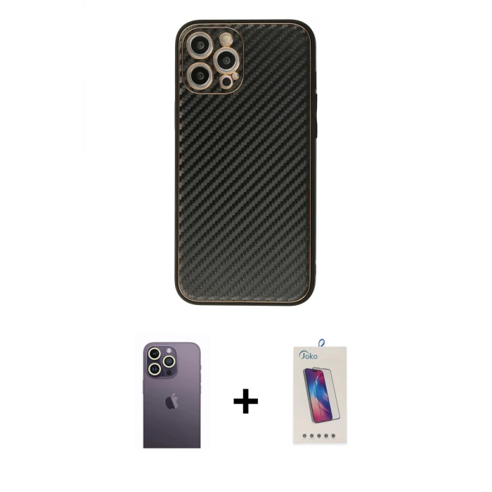 ieg™ iPhone 12 Pro Max Kılıf Ahenk Işık - Siyah Joko 5D Cam + Neon Fosforlu Kamera Lens - BZ