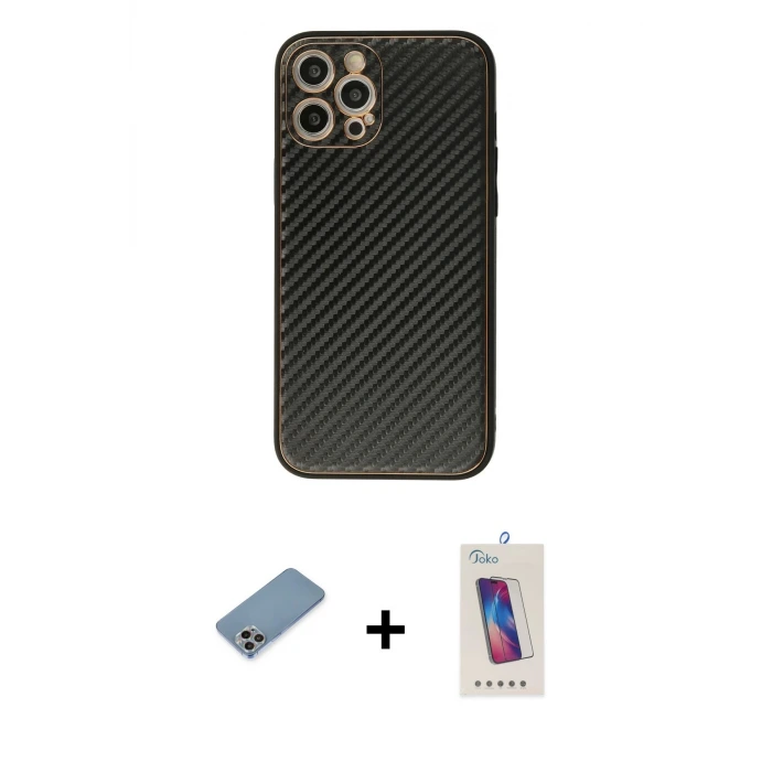 ieg™ iPhone 12 Pro Max Kılıf Ahenk Işık - Siyah Joko 5D Cam + Shine Kamera Lens Koruma Cam - GI