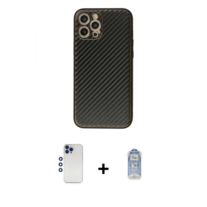 ieg™ iPhone 12 Pro Max Kılıf Ahenk Işık - Siyah Joko Magic 5D Cam + Shine Kamera Lens - LT