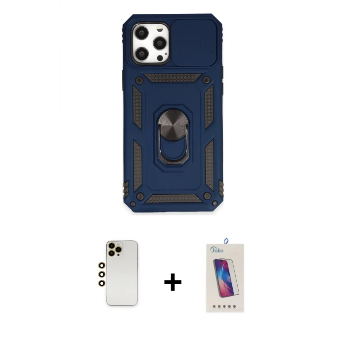 ieg™ iPhone 12 Pro Max Kılıf Ahenk Klasik - Siyah Joko 5D Cam + Shine Kamera Lens - GD