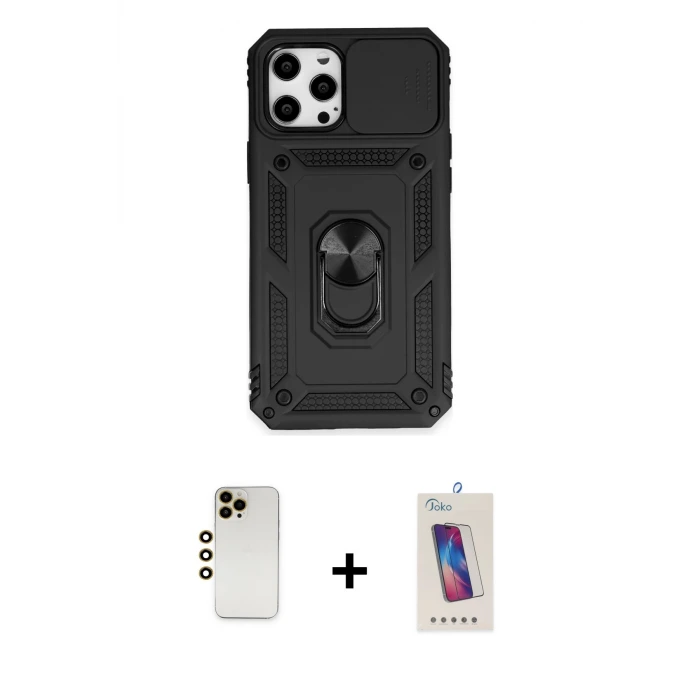 ieg™ iPhone 12 Pro Max Kılıf Ahenk Klasik - Siyah Joko 5D Cam + Shine Kamera Lens - GD
