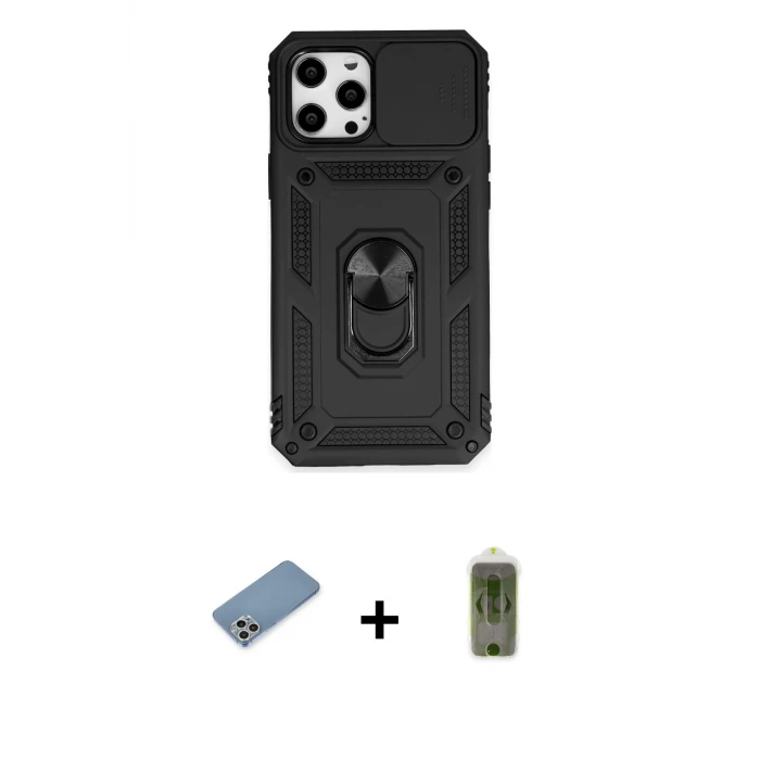 ieg™ iPhone 12 Pro Max Kılıf Ahenk Klasik - Siyah Joko Magic 5D Hayalet Cam + Shine Kamera Lens Koruma Cam - GS