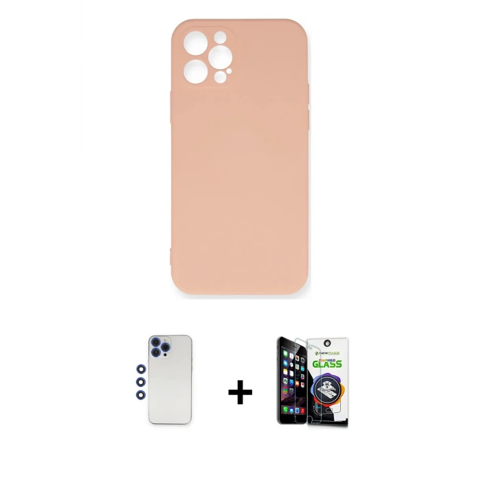 ieg™ iPhone 12 Pro Max Kılıf Ahenk Serisi - Şeffaf Temperli Cam Ekran Koruyucu + Shine Kamera Lens - LT