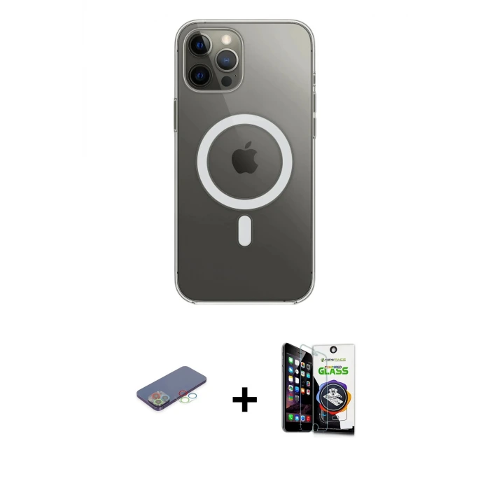 ieg™ iPhone 12 Pro Max Kılıf Ahenk Yansıma Prime - Şeffaf Temperli Cam Ekran Koruyucu + Renkli Kamera Lens Koruma Cam - MI