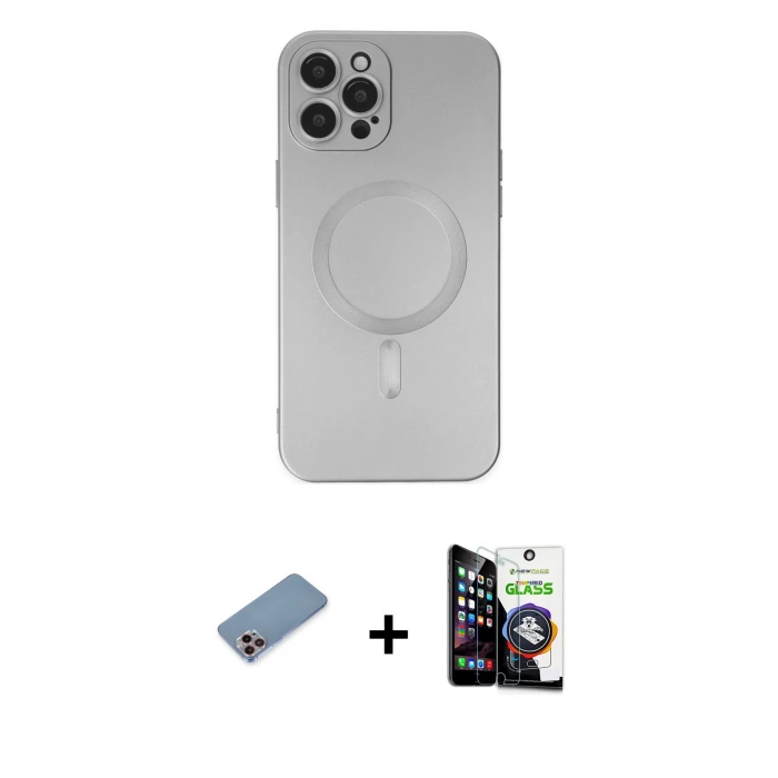 ieg™ iPhone 12 Pro Max Kılıf Akış Minimal Özel Seri - Şeffaf Temperli Cam Ekran Koruyucu + Shine Kamera Lens Koruma Cam - PE