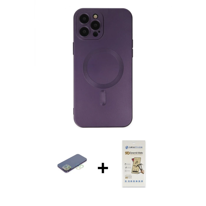 ieg™ iPhone 12 Pro Max Kılıf Akış Minimal Özel Seri - Siyah Mat Seramik Nano Ekran Koruyucu + Renkli Kamera Lens Koruma Cam - YL