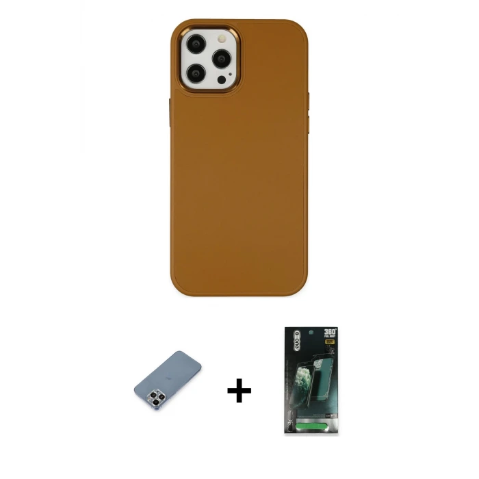 ieg™ iPhone 12 Pro Max Kılıf Çekirdek Çizgi - Siyah 360 Mat Full Body Arka Koruyucu + Metal Kamera Lens Koruma Cam - GS