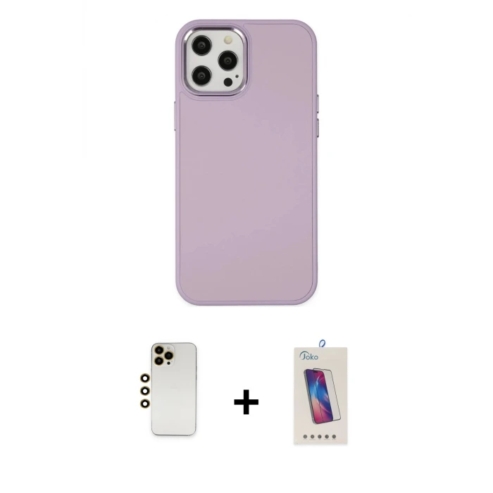 ieg™ iPhone 12 Pro Max Kılıf Çekirdek Çizgi - Siyah Joko 5D Cam + Shine Kamera Lens - GD