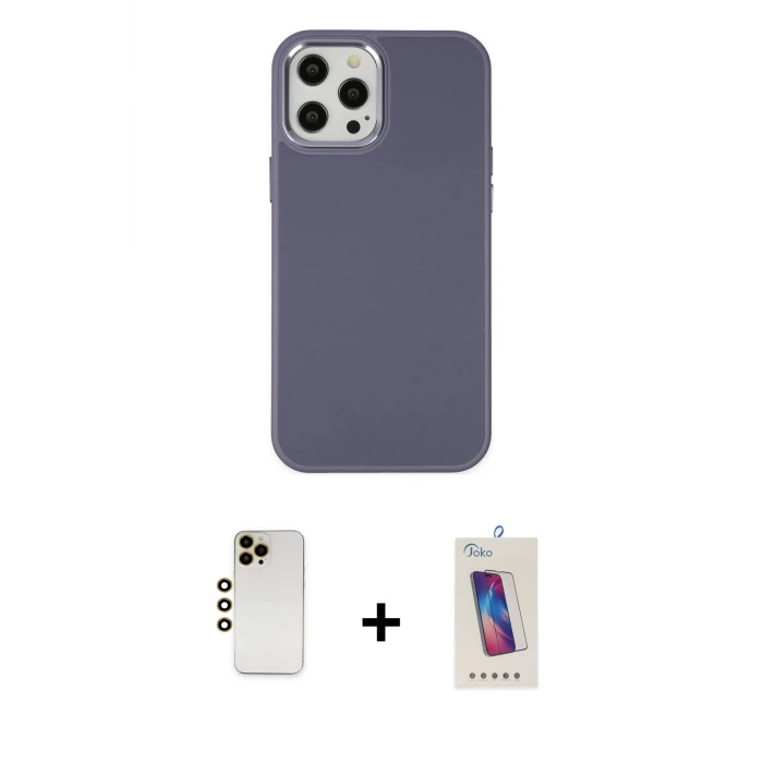 ieg™ iPhone 12 Pro Max Kılıf Çekirdek Çizgi - Siyah Joko 5D Cam + Shine Kamera Lens - GD