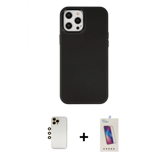 ieg™ iPhone 12 Pro Max Kılıf Çekirdek Çizgi - Siyah Joko 5D Cam + Shine Kamera Lens - GD