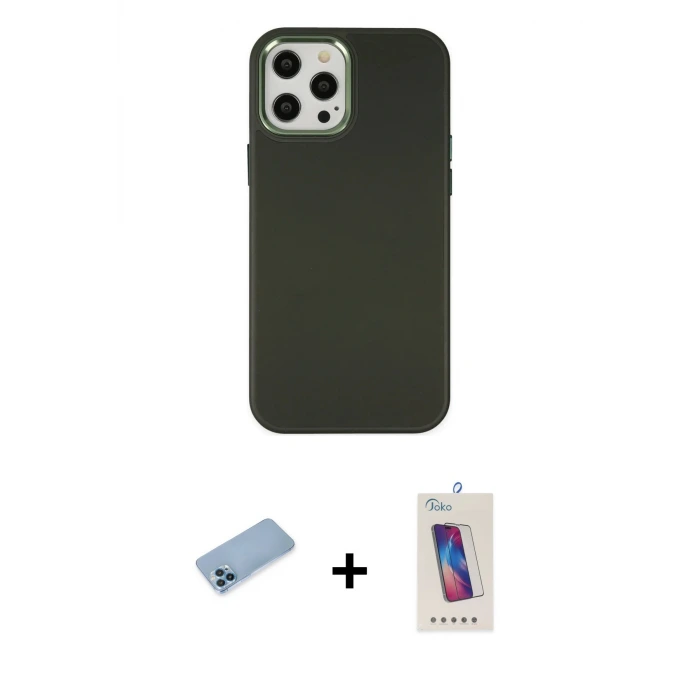 ieg™ iPhone 12 Pro Max Kılıf Çekirdek Çizgi - Siyah Joko 5D Cam + Shine Kamera Lens Koruma Cam - MI